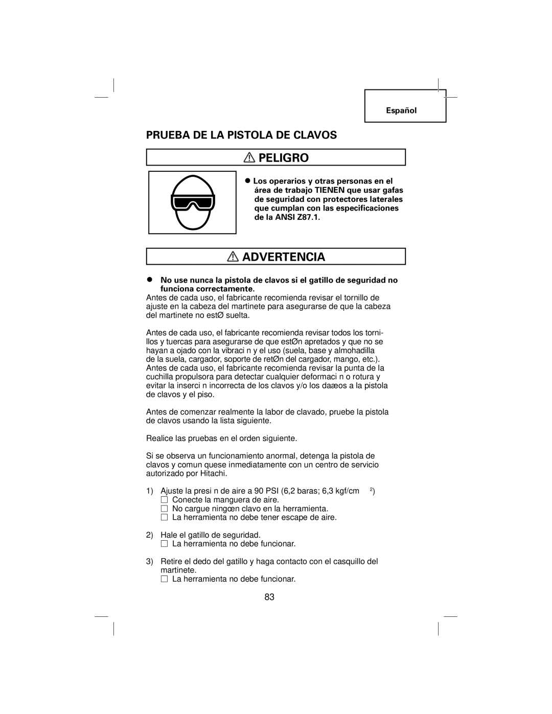 Hitachi NT50AGF manual Peligro, Prueba DE LA Pistola DE Clavos 