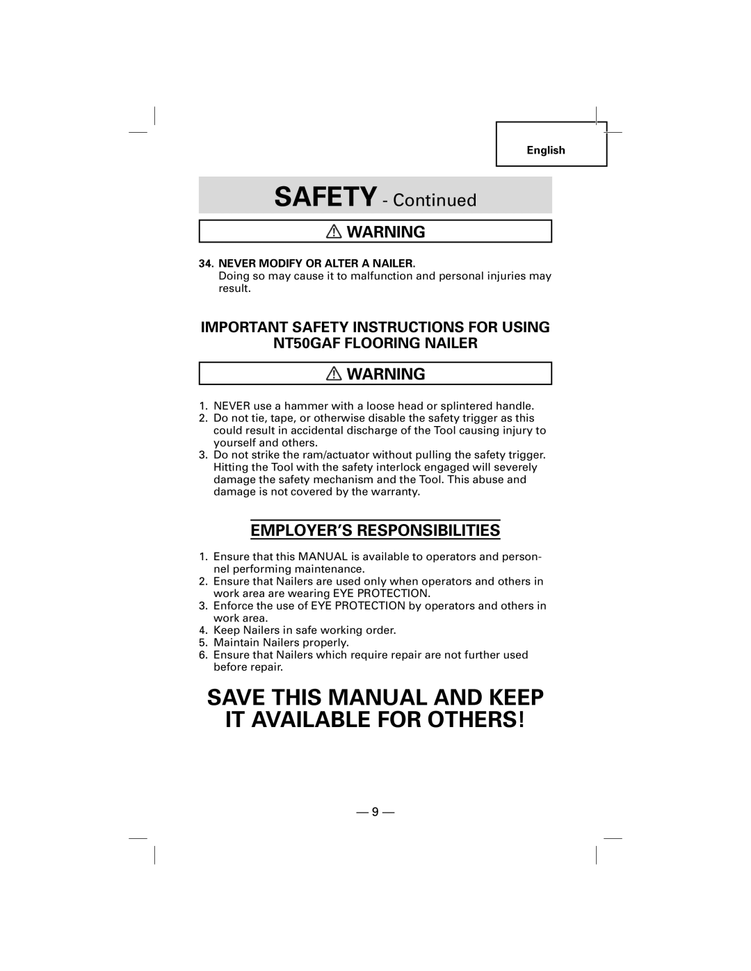 Hitachi NT50AGF manual EMPLOYER’S Responsibilities, Never Modify or Alter a Nailer 