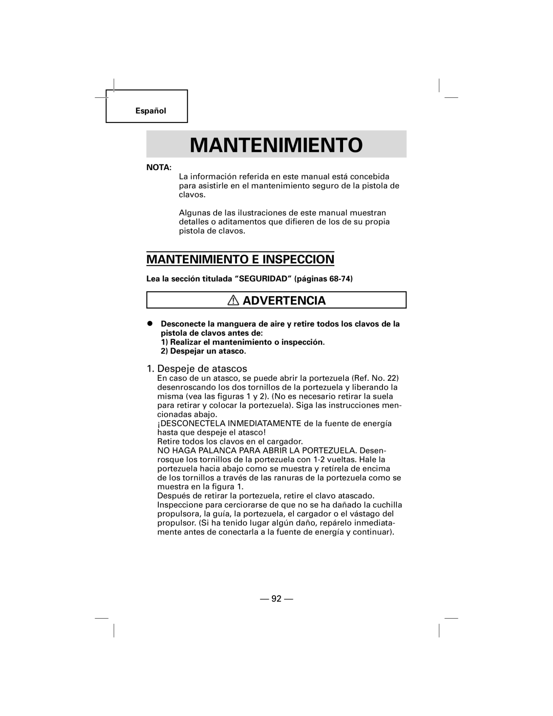 Hitachi NT50AGF manual Mantenimiento E Inspeccion, Despeje de atascos 