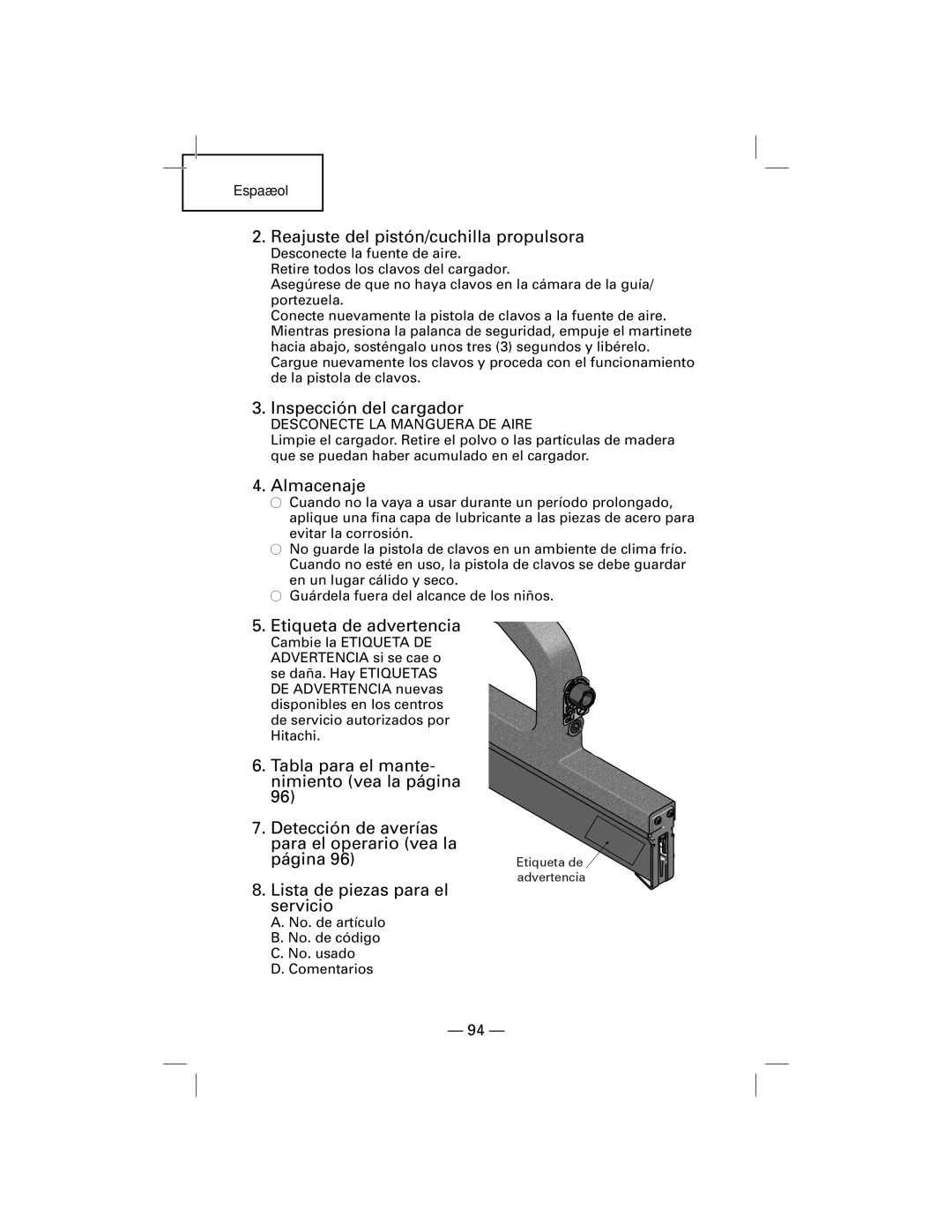 Hitachi NT50AGF Reajuste del pistón/cuchilla propulsora, Inspección del cargador, Almacenaje, Etiqueta de advertencia 