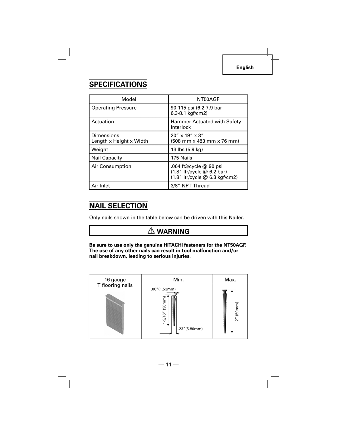 Hitachi NT50AGF manual Specifications, Nail Selection 