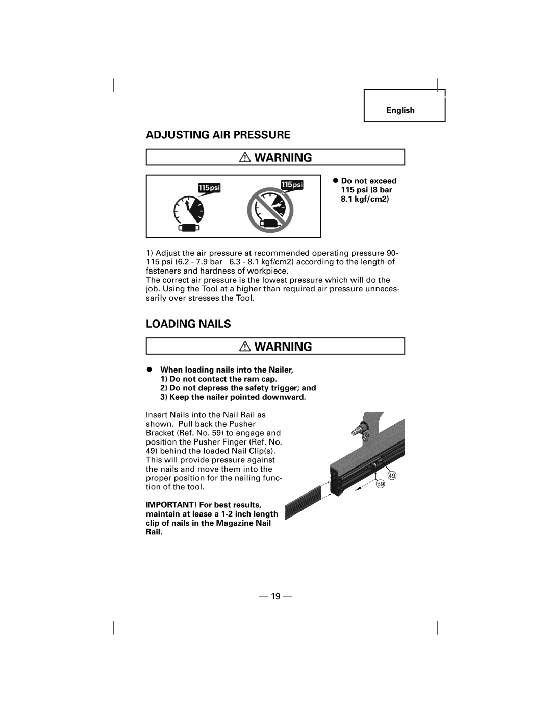 Hitachi NT50AGF manual Adjusting Air Pressure, Loading Nails 
