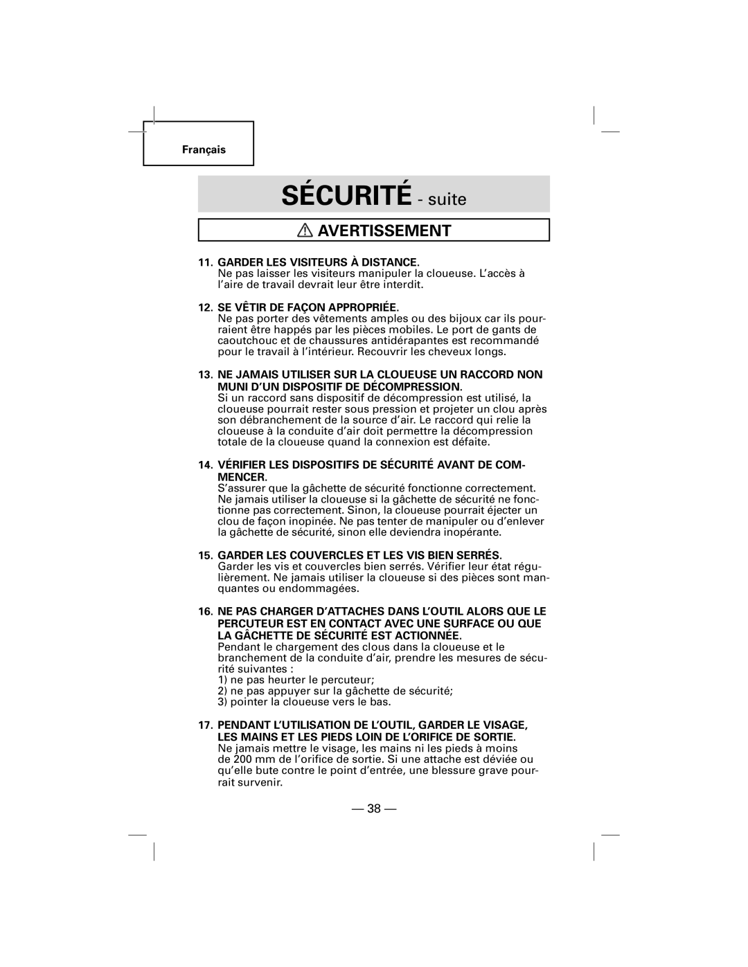 Hitachi NT50AGF manual SÉCURITÉ - suite, Avertissement 