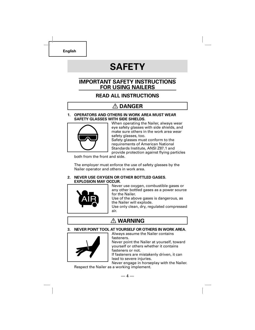 Hitachi NT50AGF manual Important Safety Instructions For Using Nailers, Danger, Read All Instructions 