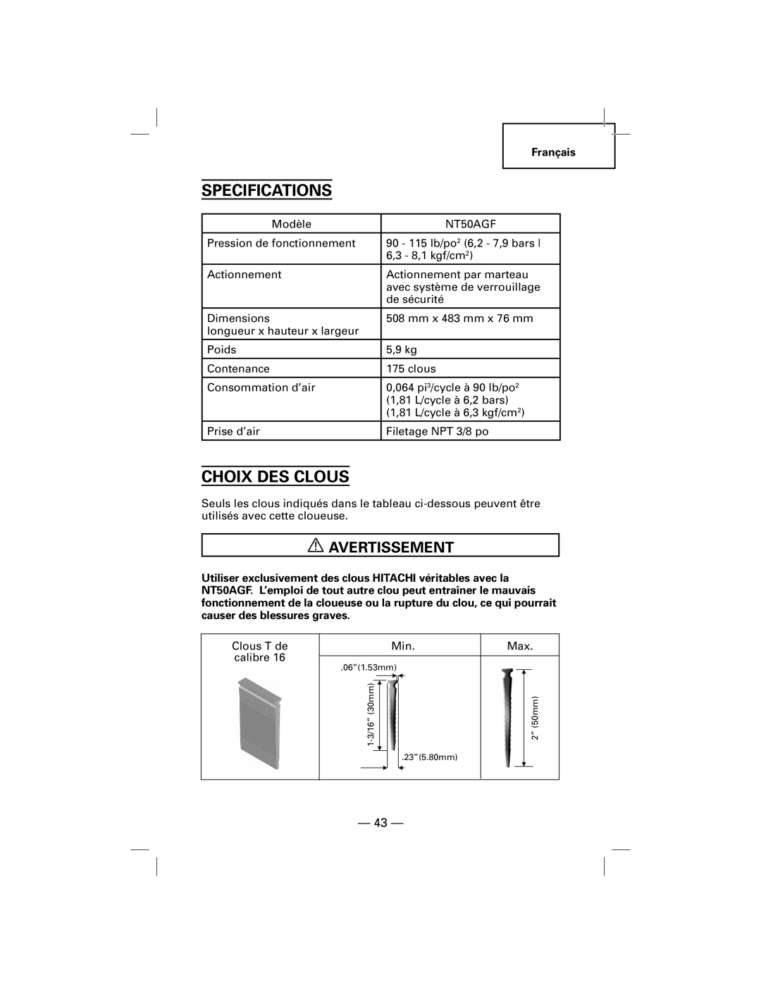 Hitachi NT50AGF manual Choix Des Clous, Avertissement, Specifications 