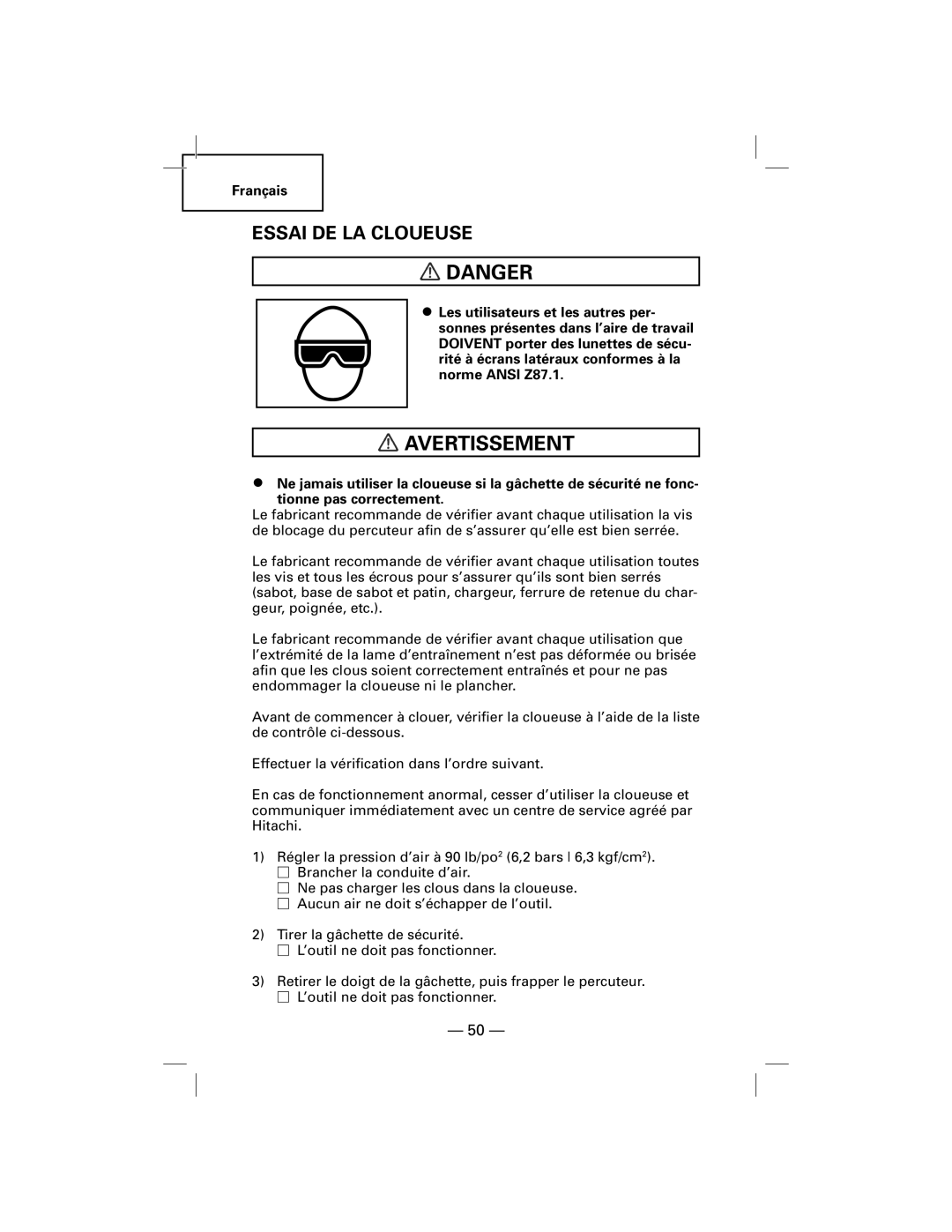 Hitachi NT50AGF manual Essai De La Cloueuse, Danger, Avertissement 