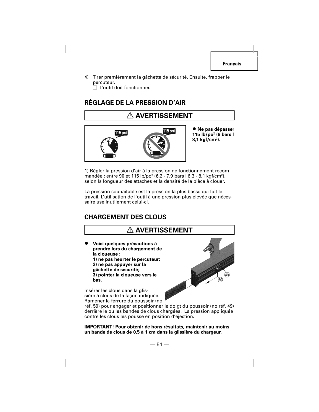 Hitachi NT50AGF manual Réglage De La Pression D’Air, Chargement Des Clous, Avertissement 