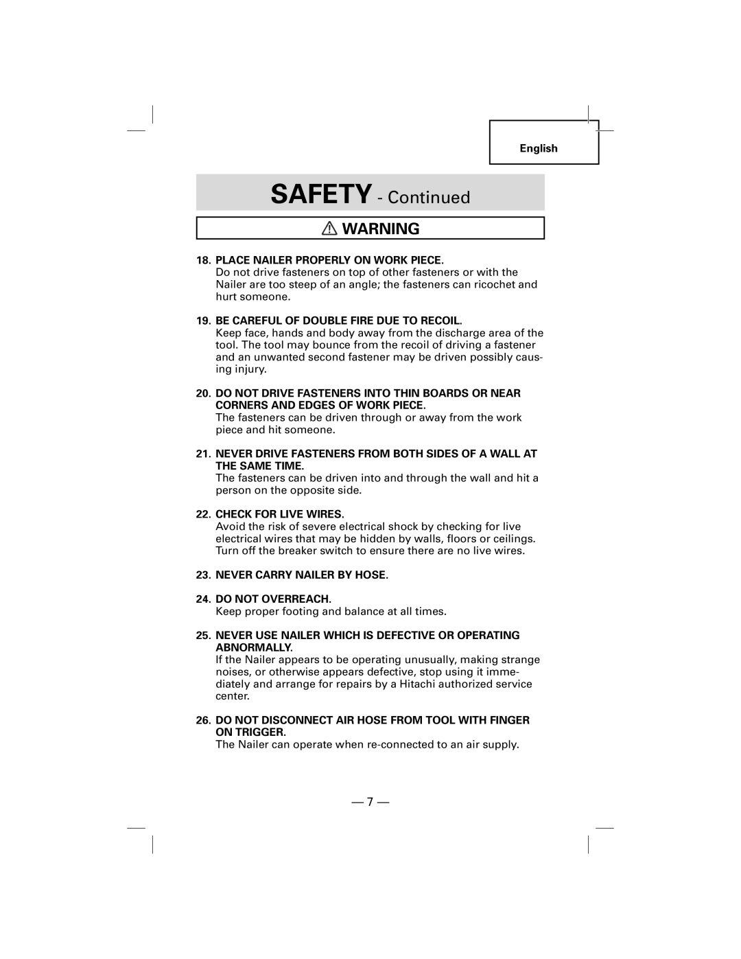 Hitachi NT50AGF manual SAFETY - Continued 