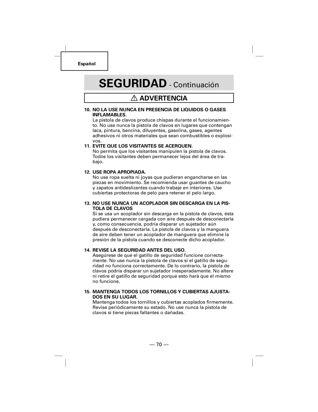 Hitachi NT50AGF SEGURIDAD - Continuación, Advertencia, Español, Evite Que Los Visitantes Se Acerquen, Use Ropa Apropiada 