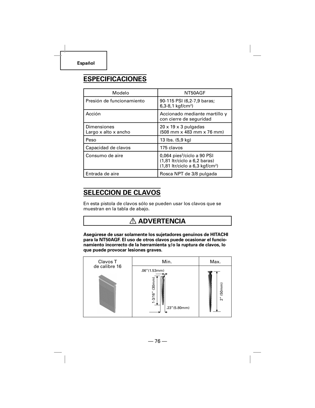 Hitachi NT50AGF manual Especificaciones, Seleccion De Clavos, Advertencia 