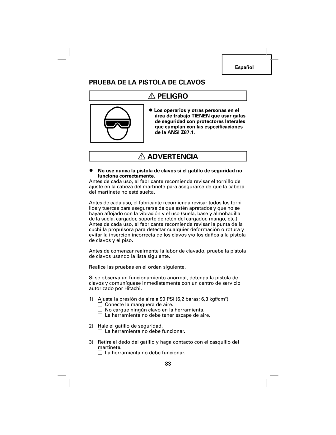 Hitachi NT50AGF manual Prueba De La Pistola De Clavos, Peligro, Advertencia 