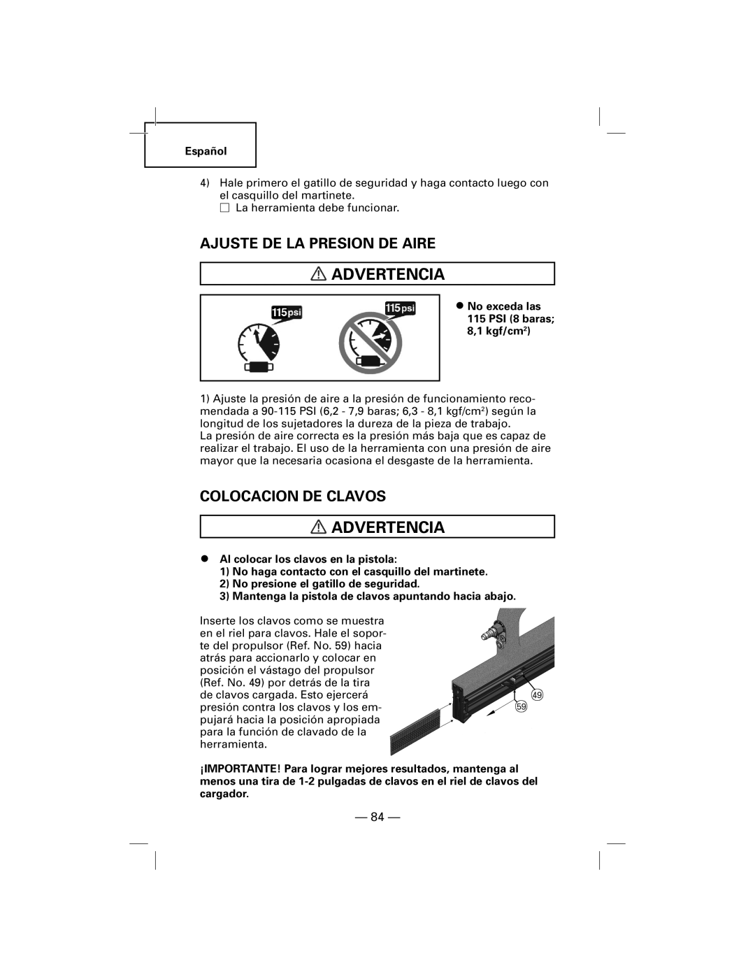 Hitachi NT50AGF manual Ajuste De La Presion De Aire, Colocacion De Clavos, Advertencia 
