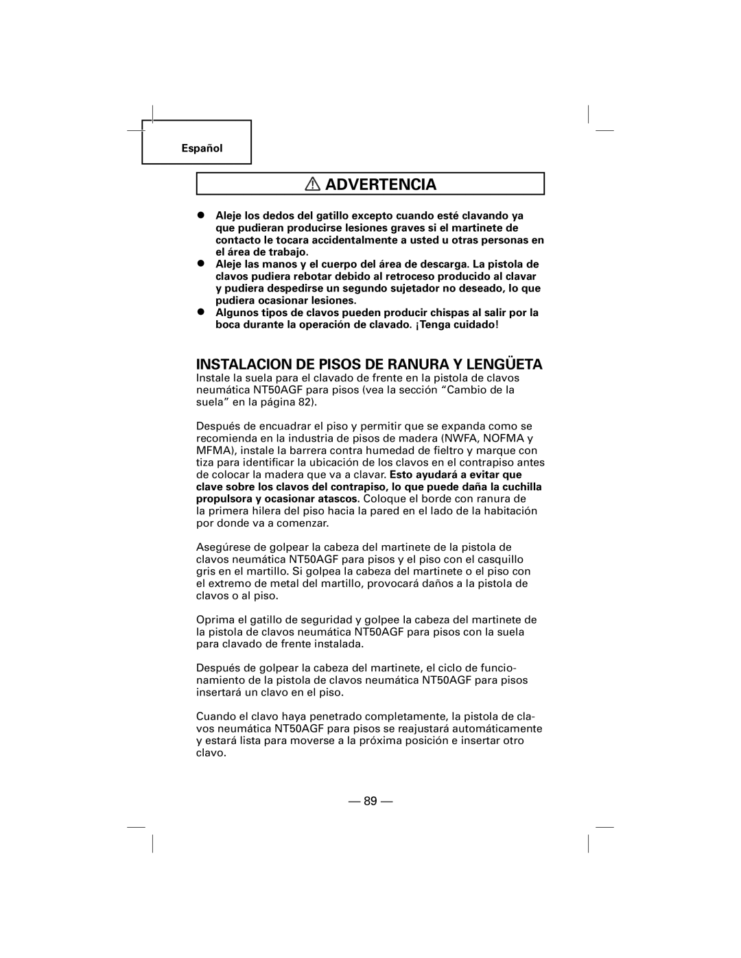 Hitachi NT50AGF manual Instalacion De Pisos De Ranura Y Lengüeta, Advertencia 