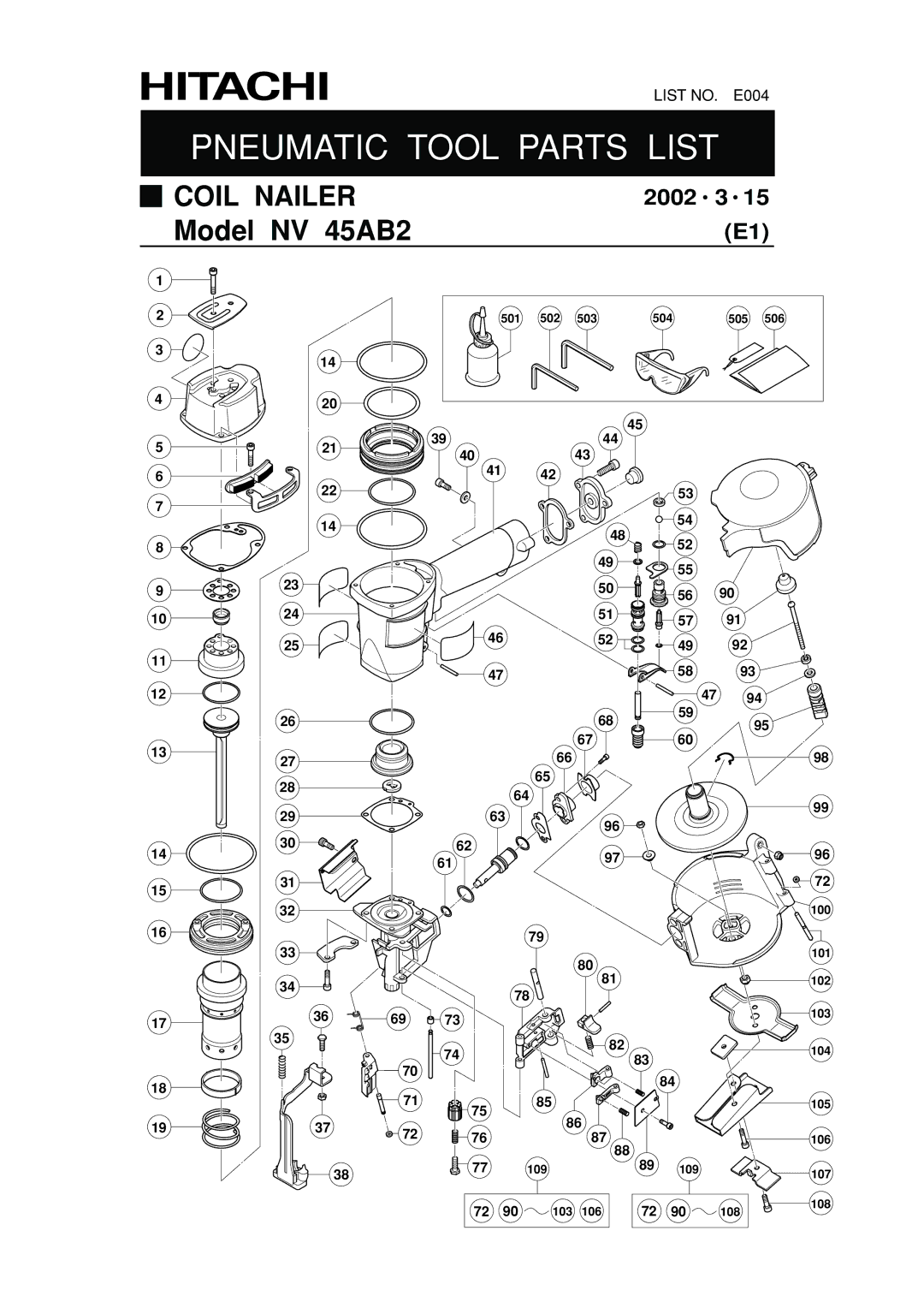 Hitachi NV 45AB2 manual Pneumatic Tool Parts List 