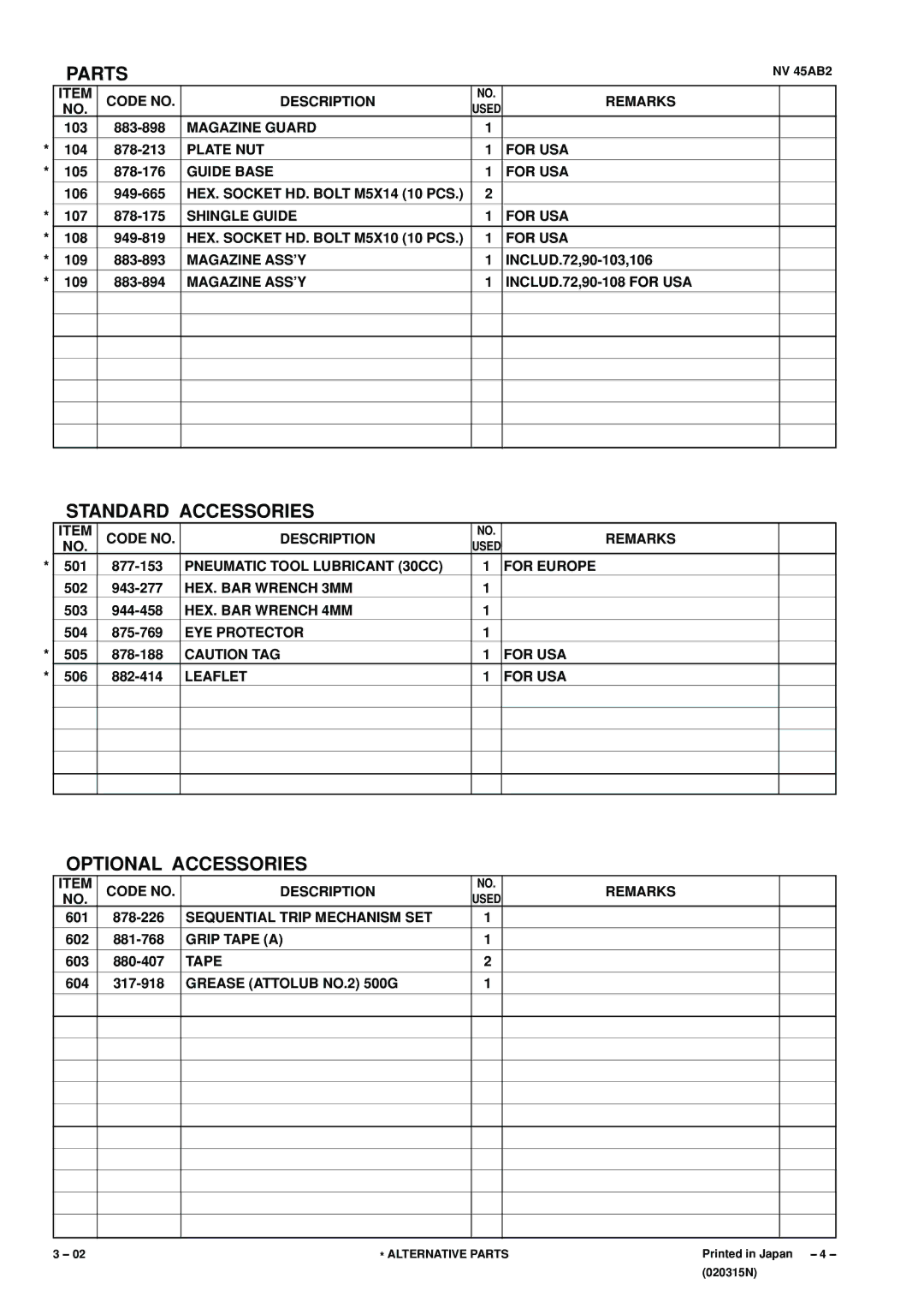 Hitachi NV 45AB2 manual Standard Accessories, Optional Accessories 