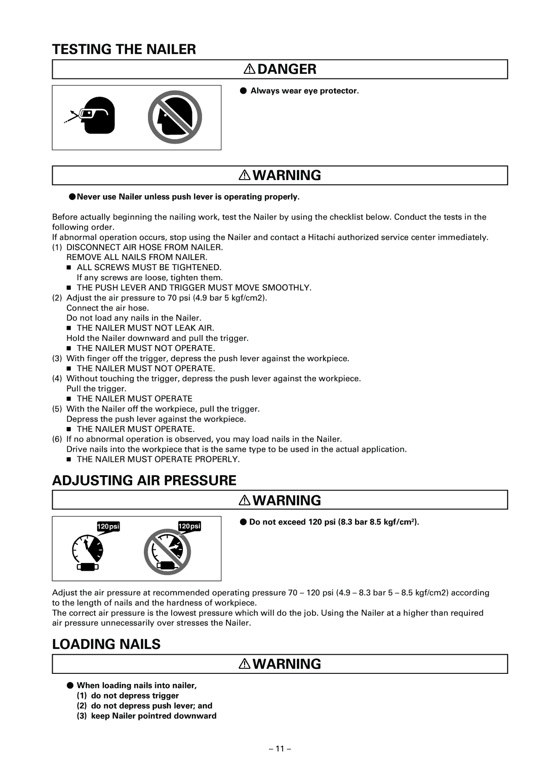 Hitachi NV 65AF3 instruction manual Testing the Nailer, Adjusting AIR Pressure, Loading Nails 