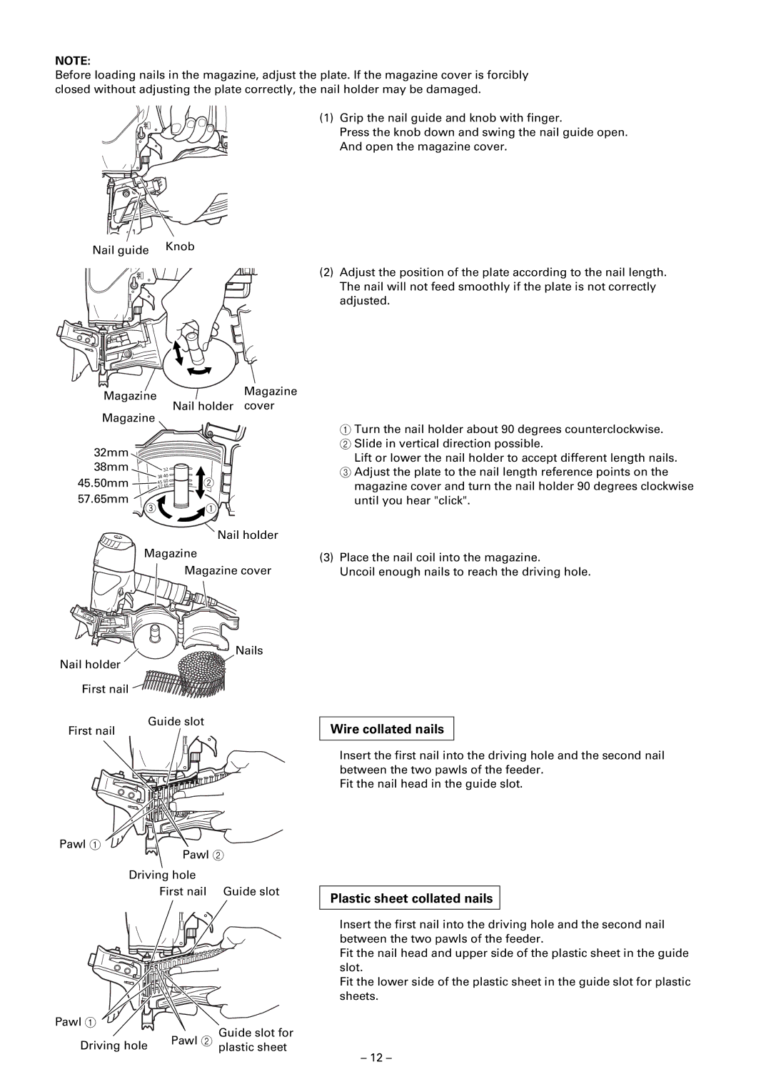 Hitachi NV 65AF3 instruction manual Wire collated nails, Plastic sheet collated nails 