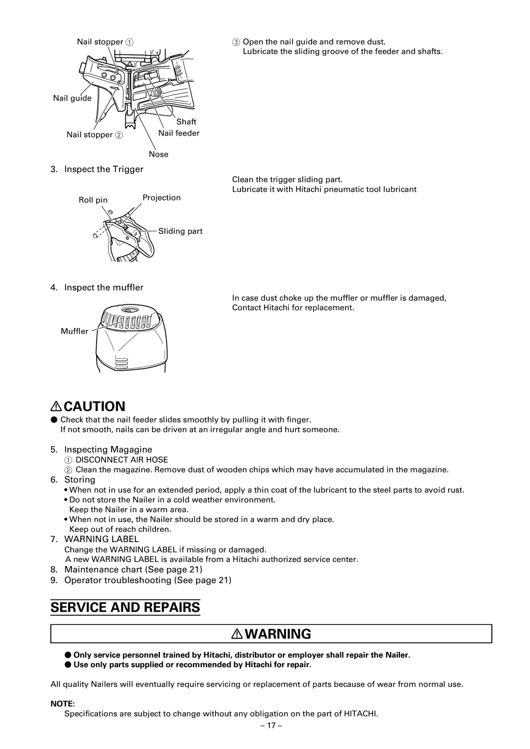 Hitachi NV 65AF3 instruction manual Service and Repairs 