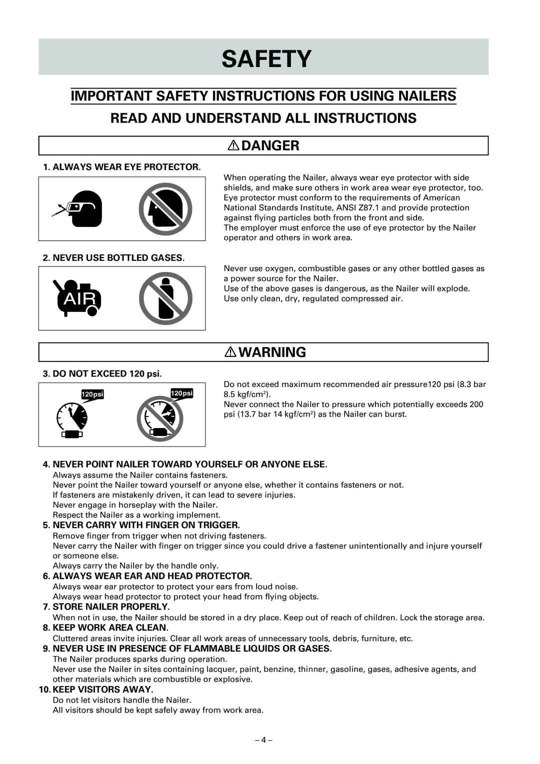 Hitachi NV 65AF3 instruction manual Safety, Do not Exceed 120 psi 