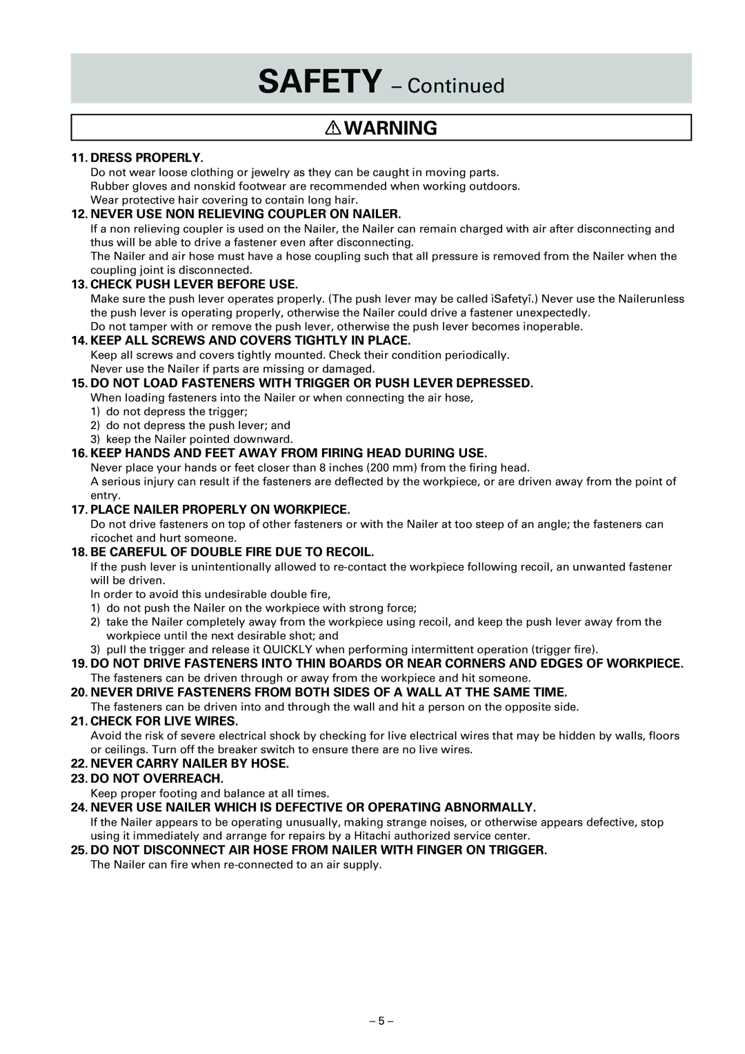 Hitachi NV 65AF3 instruction manual Safety 