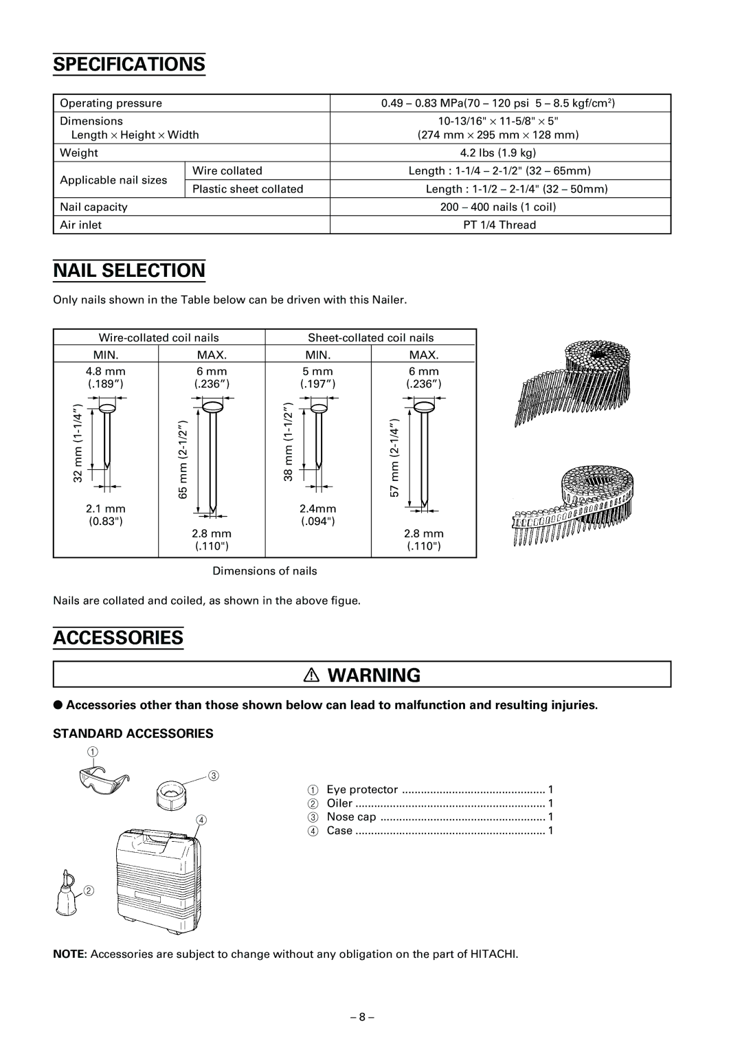 Hitachi NV 65AF3 instruction manual Specifications, Nail Selection, Accessories, Min Max 