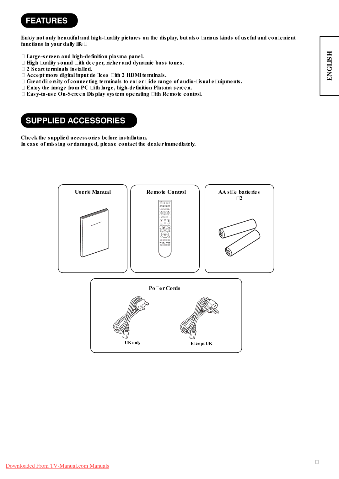 Hitachi P42A01 user manual Features, Supplied Accessories 