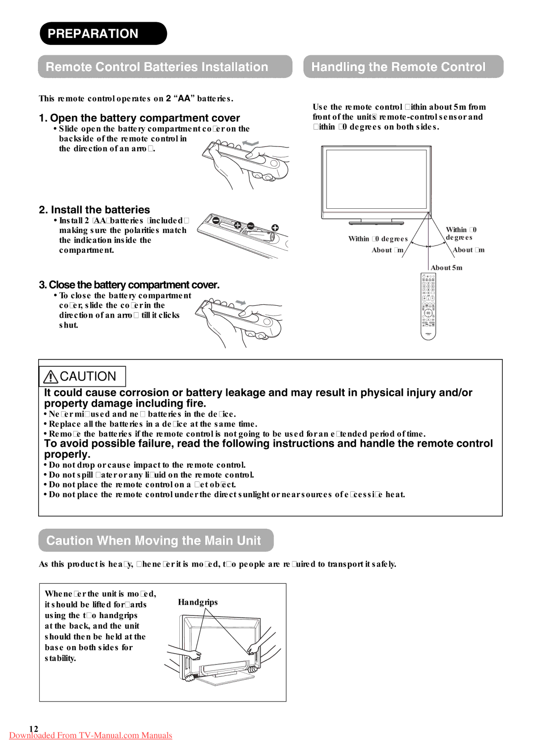 Hitachi P42A01 user manual Preparation, Remote Control Batteries Installation, Handling the Remote Control 