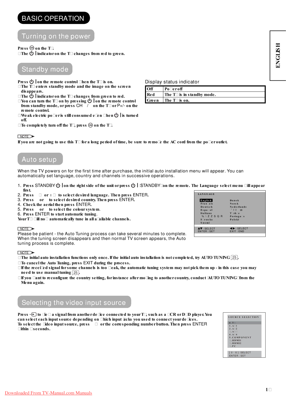 Hitachi P42A01 Basic Operation, Turning on the power, Standby mode, Auto setup, Selecting the video input source 