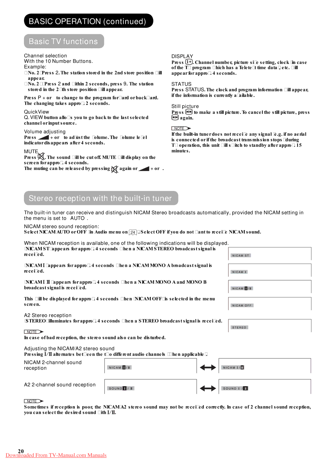 Hitachi P42A01 user manual Basic Operation Basic TV functions, Stereo reception with the built-in tuner 