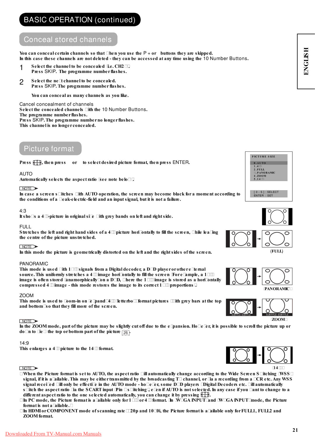 Hitachi P42A01 user manual Basic Operation Conceal stored channels, Picture format, Cancel concealment of channels, 149 