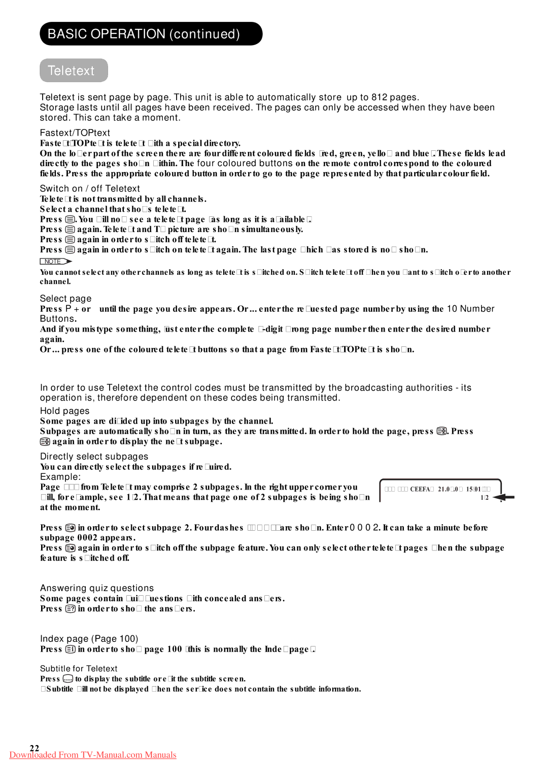 Hitachi P42A01 user manual Basic Operation Teletext 