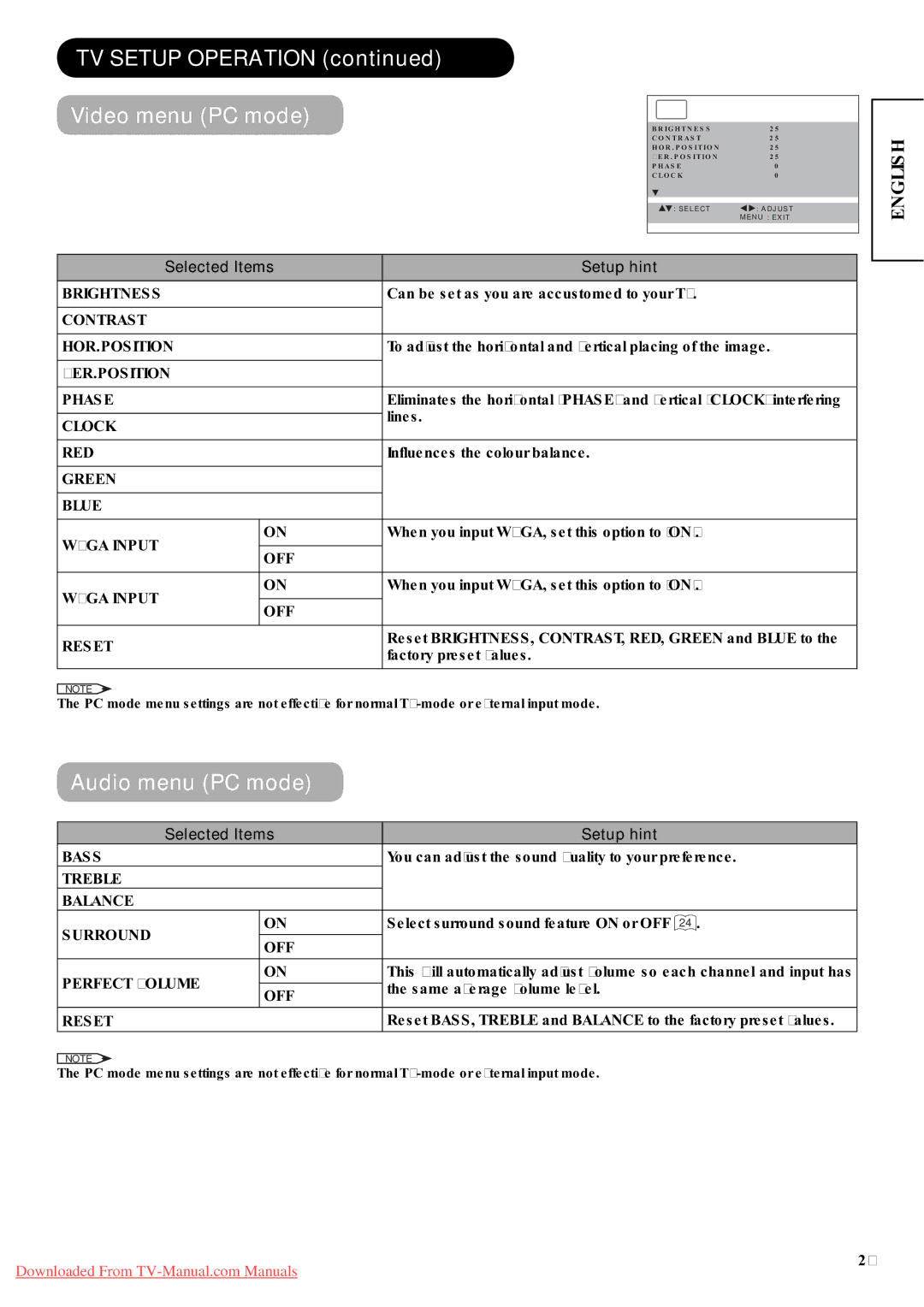 Hitachi P42A01 user manual TV Setup Operation Video menu PC mode, Audio menu PC mode 