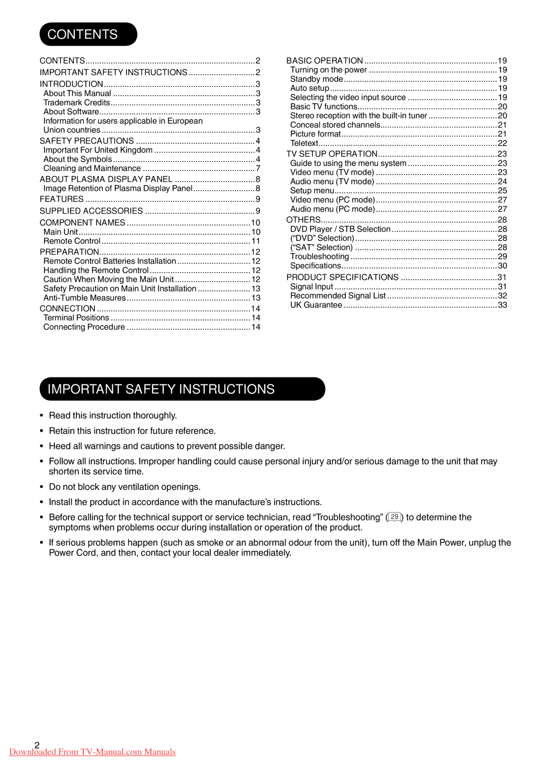 Hitachi P42A01 user manual Contents, Important Safety Instructions 