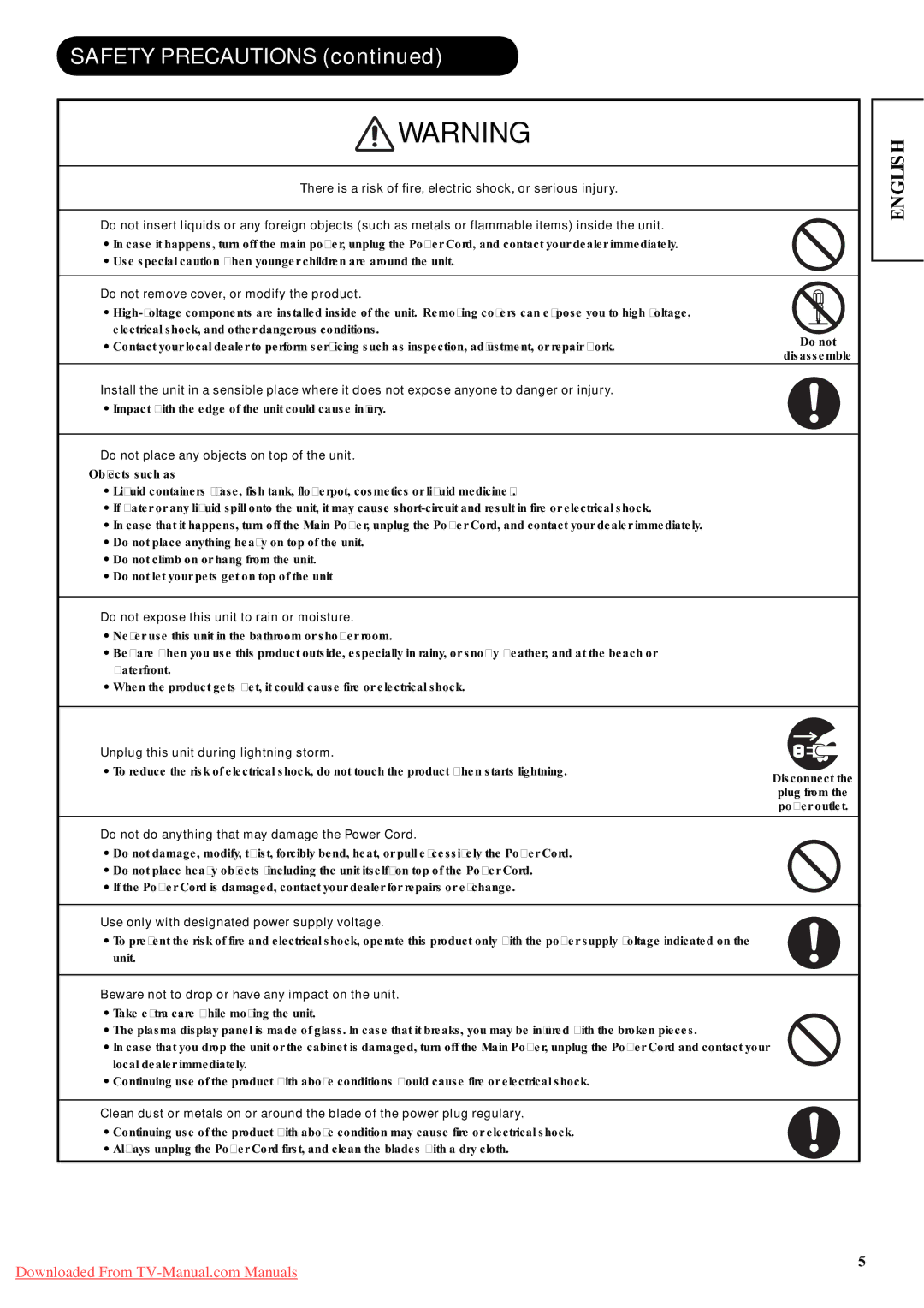 Hitachi P42A01 user manual Safety Precautions, Do not remove cover, or modify the product 