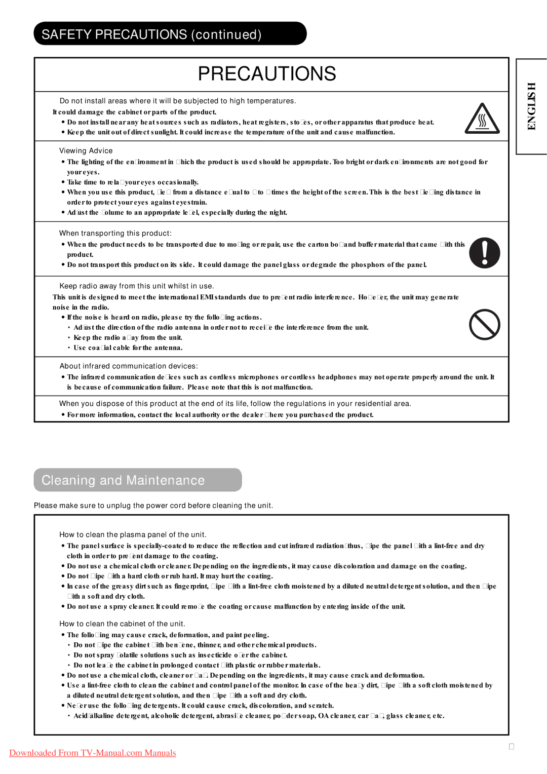 Hitachi P42A01 user manual Precautions, Cleaning and Maintenance 