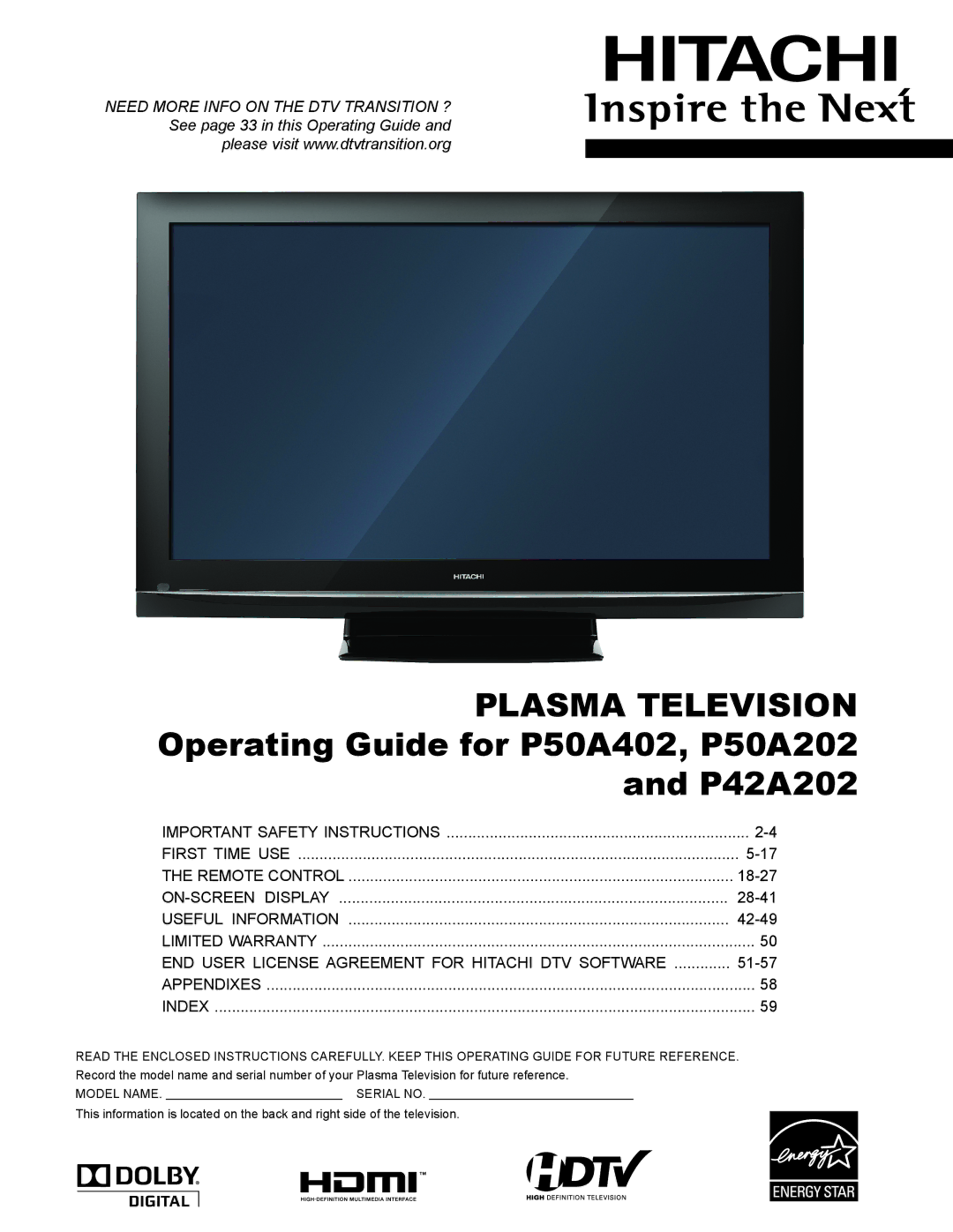 Hitachi P50A402, P42A202 important safety instructions 18-27, 28-41, 42-49, 51-57 