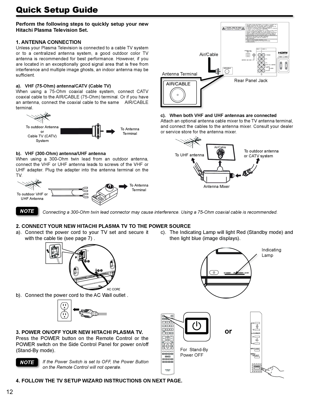 Hitachi P42A202, P50A402 Quick Setup Guide, Antenna Connection, Connect Your NEW Hitachi Plasma TV to the Power Source 