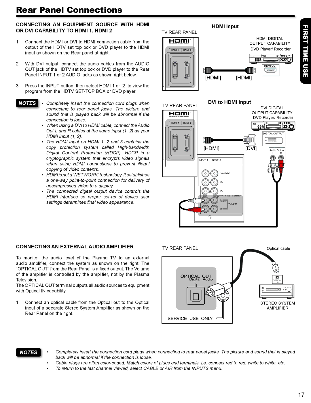 Hitachi P50A402, P42A202 important safety instructions DVI to Hdmi Input, Connecting AN External Audio Amplifier 