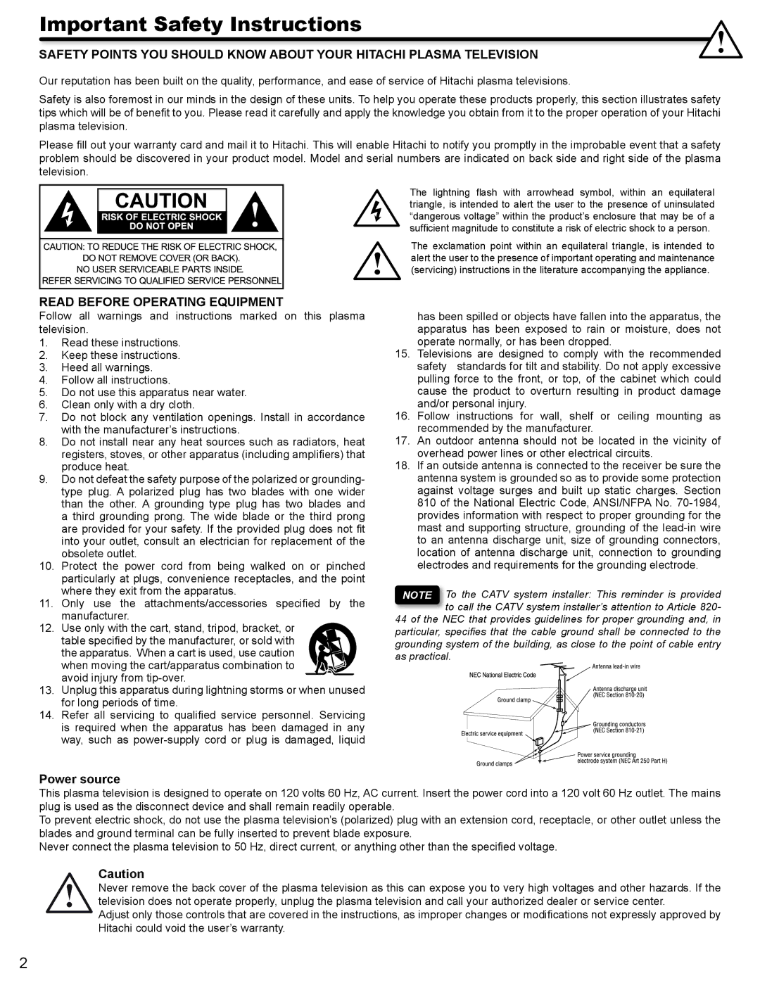 Hitachi P42A202, P50A402 Important Safety Instructions, Read Before Operating Equipment, Power source 