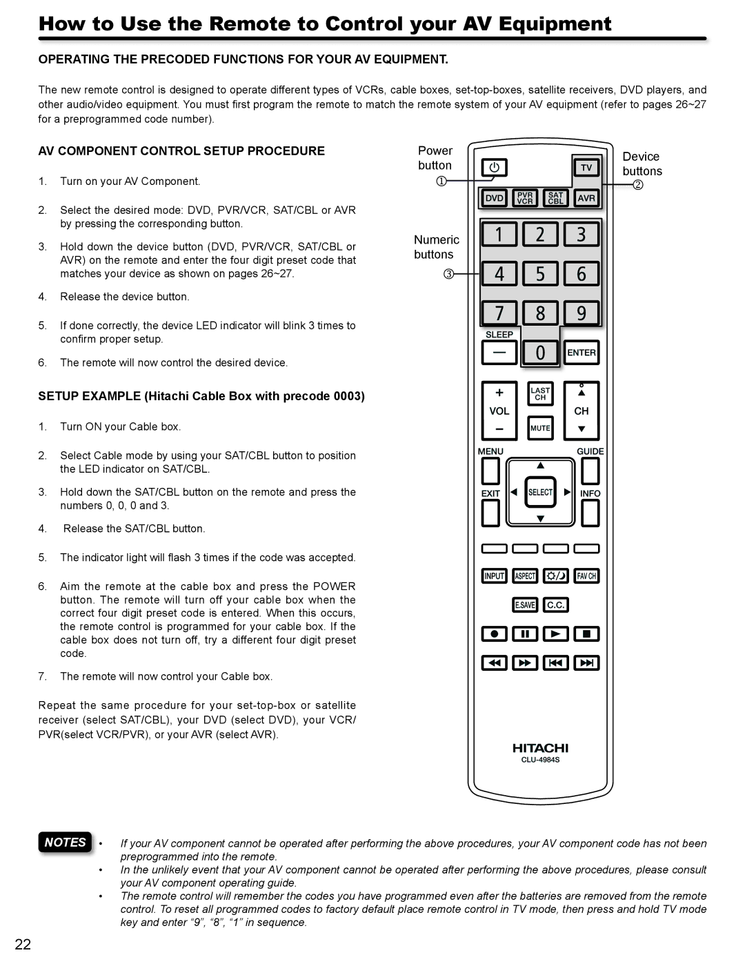 Hitachi P42A202 How to Use the Remote to Control your AV Equipment, Operating the Precoded Functions for Your AV Equipment 