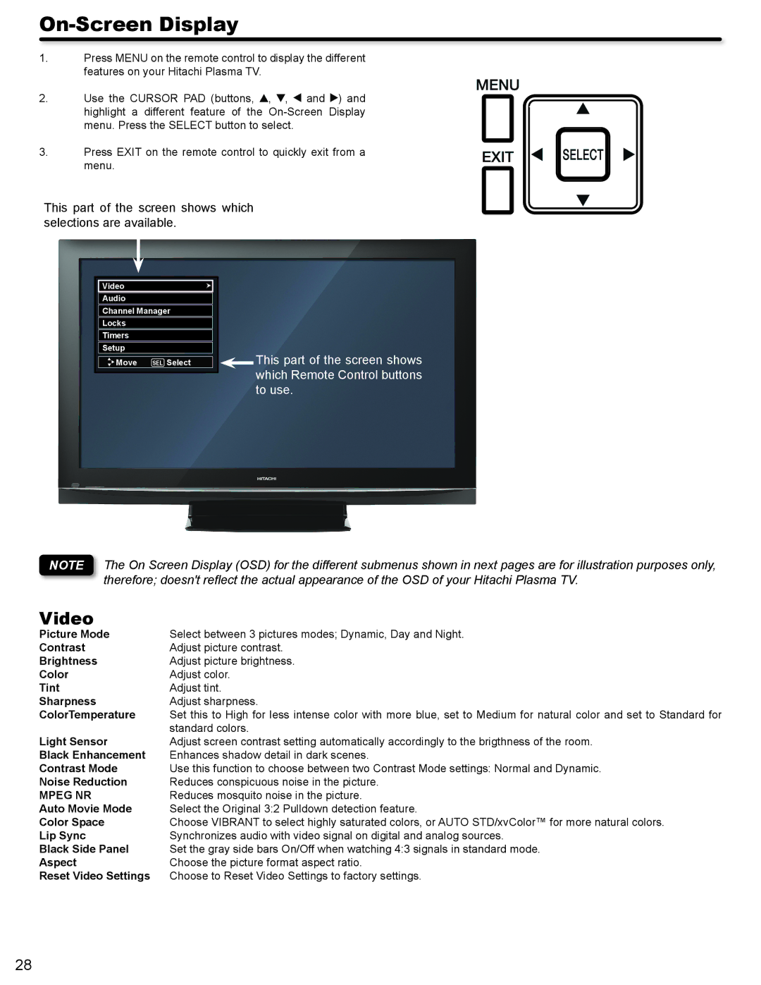 Hitachi P42A202, P50A402 important safety instructions On-Screen Display 