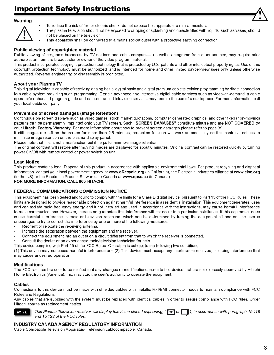 Hitachi P50A402, P42A202 Federal Communications Commission Notice, Industry Canada Agency Regulatory Information 