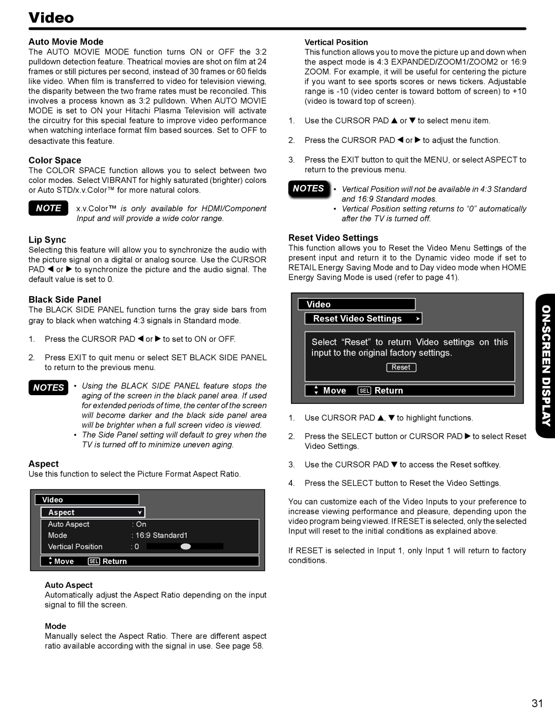 Hitachi P50A402, P42A202 Auto Movie Mode, Color Space, Lip Sync, Reset Video Settings, Black Side Panel, Aspect 