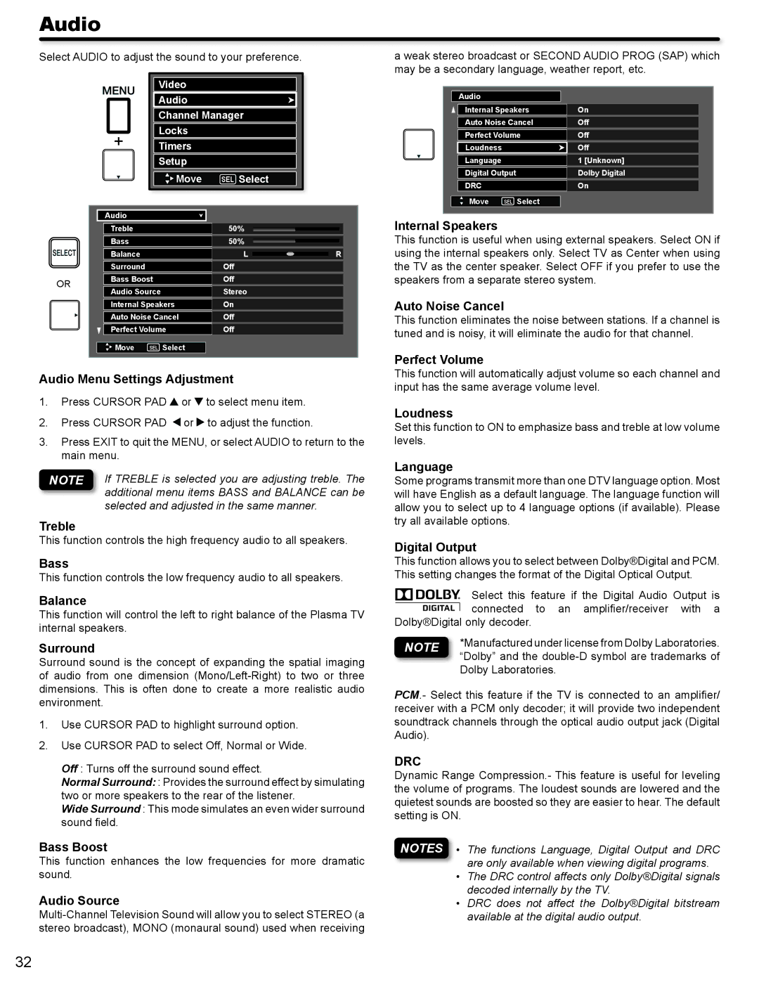 Hitachi P42A202, P50A402 important safety instructions Audio, Drc 