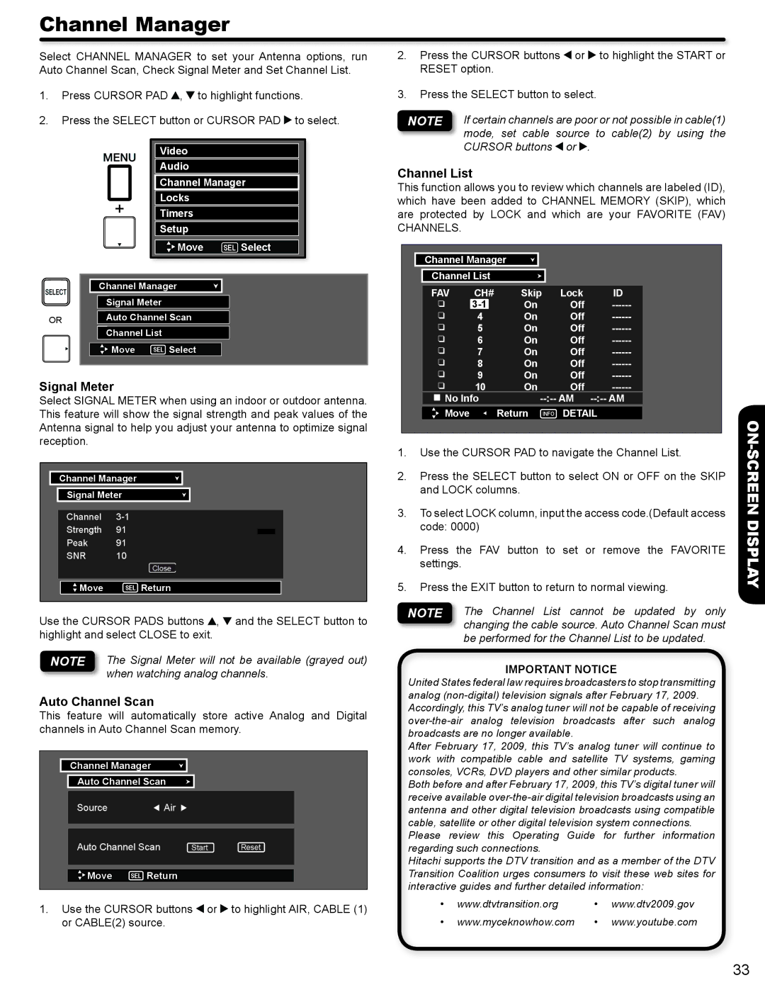 Hitachi P50A402, P42A202 important safety instructions Channel Manager, Signal Meter, Auto Channel Scan, Channel List 