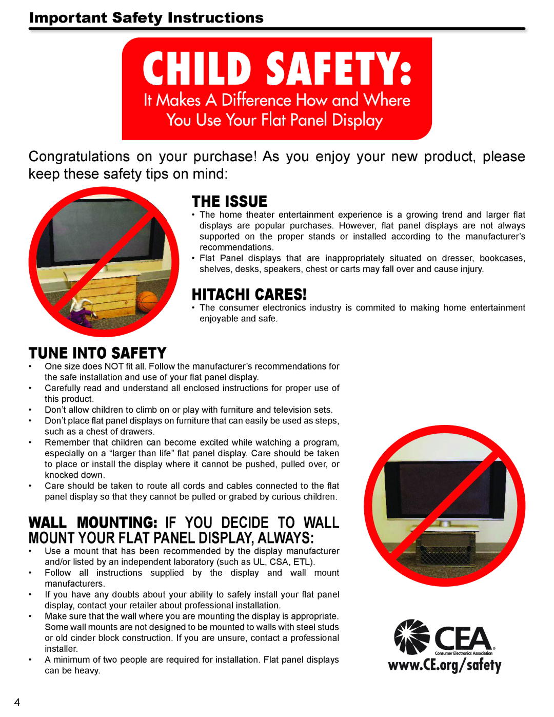 Hitachi P42A202, P50A402 important safety instructions Hitachi Cares 