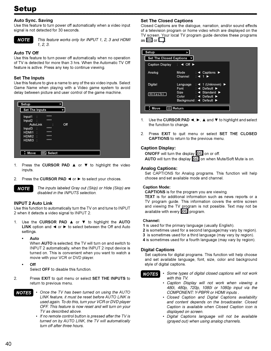 Hitachi P42A202, P50A402 Auto Sync. Saving, Auto TV Off, Set The Inputs, Input 2 Auto Link, Set The Closed Captions 