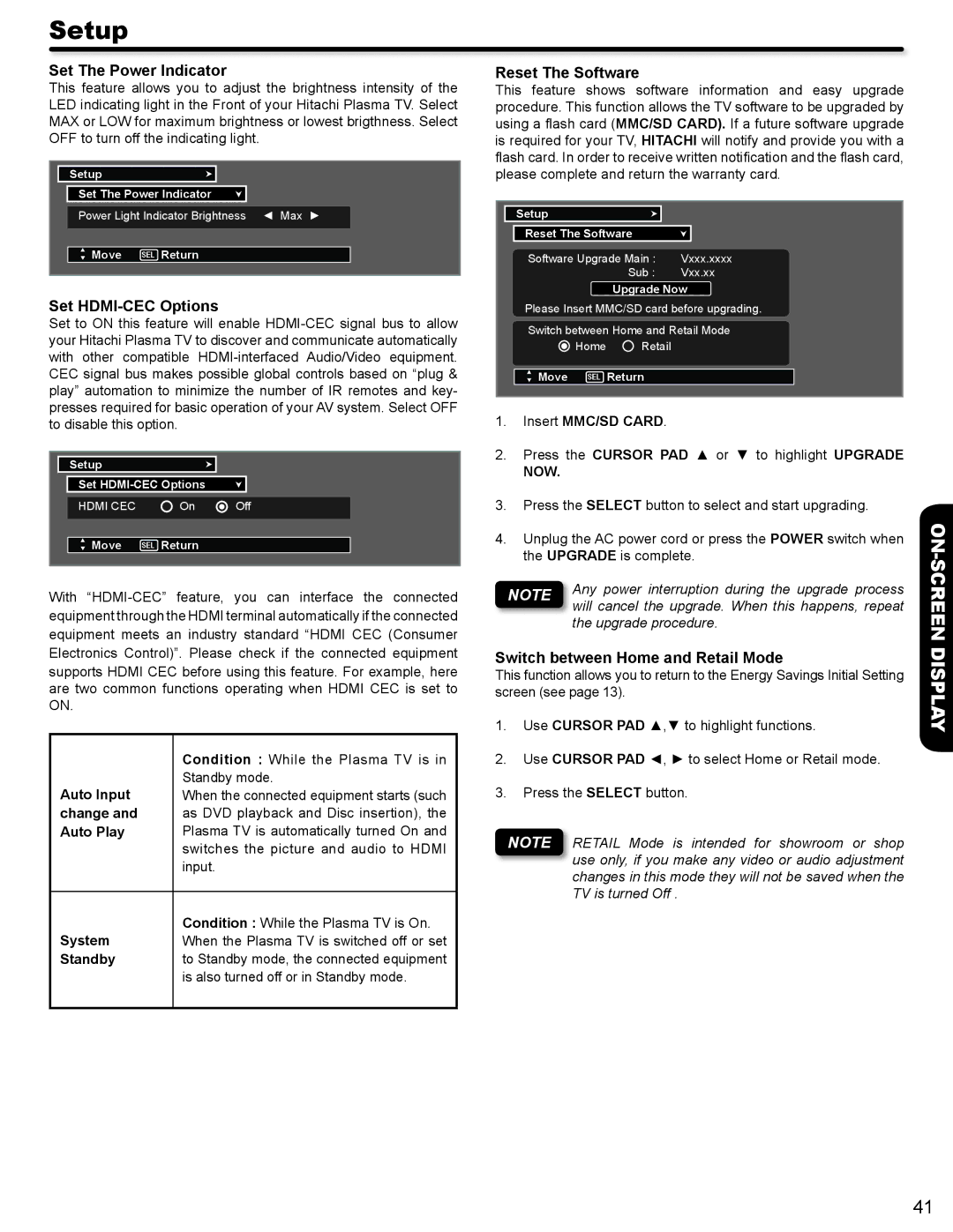 Hitachi P50A402 Set The Power Indicator, Set HDMI-CEC Options, Reset The Software, Switch between Home and Retail Mode 