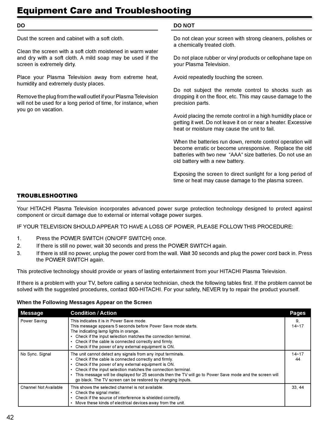 Hitachi P42A202, P50A402 important safety instructions Equipment Care and Troubleshooting, Troubleshooting Do not 