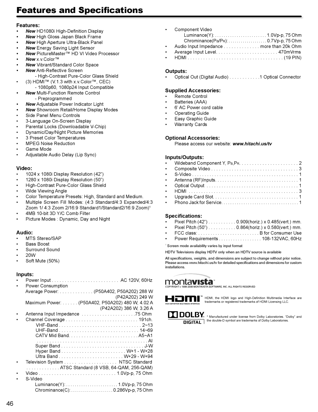 Hitachi P42A202, P50A402 important safety instructions Features and Specifications 